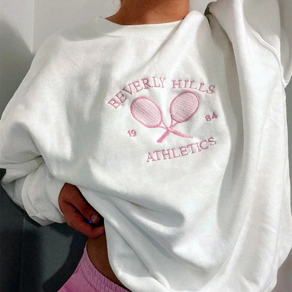 Tennis Athletics Letters Embroidered Sweatshirts Women White Loose Spring Pullover Long Sleeve Retro Thin Cotton Casual Jumpers 250818