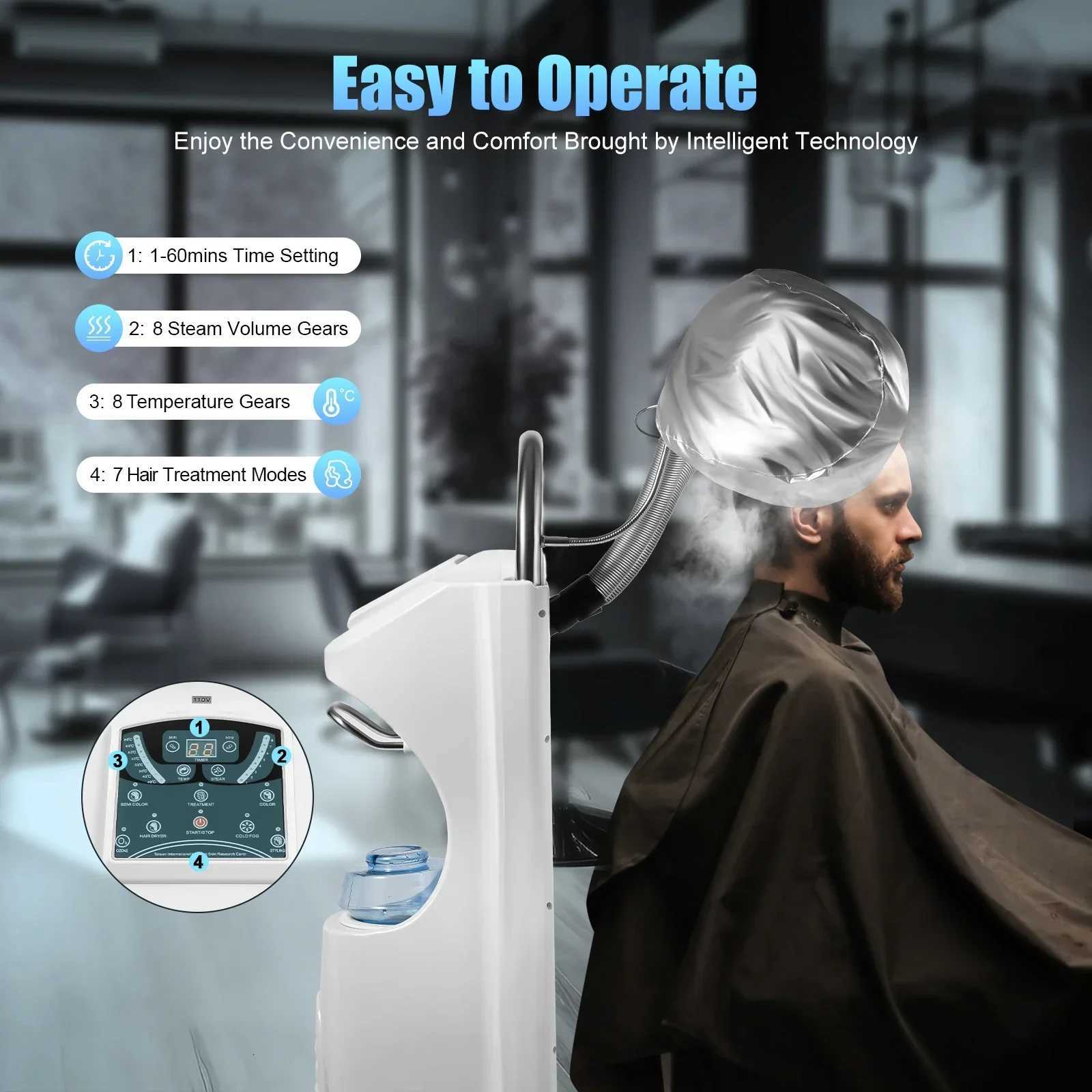 7in Professional Hair Steamer Freestanding Rotating Dryer with Wheels for Salon SPA Services Like Perming Dyeing Oil Treatments W250819