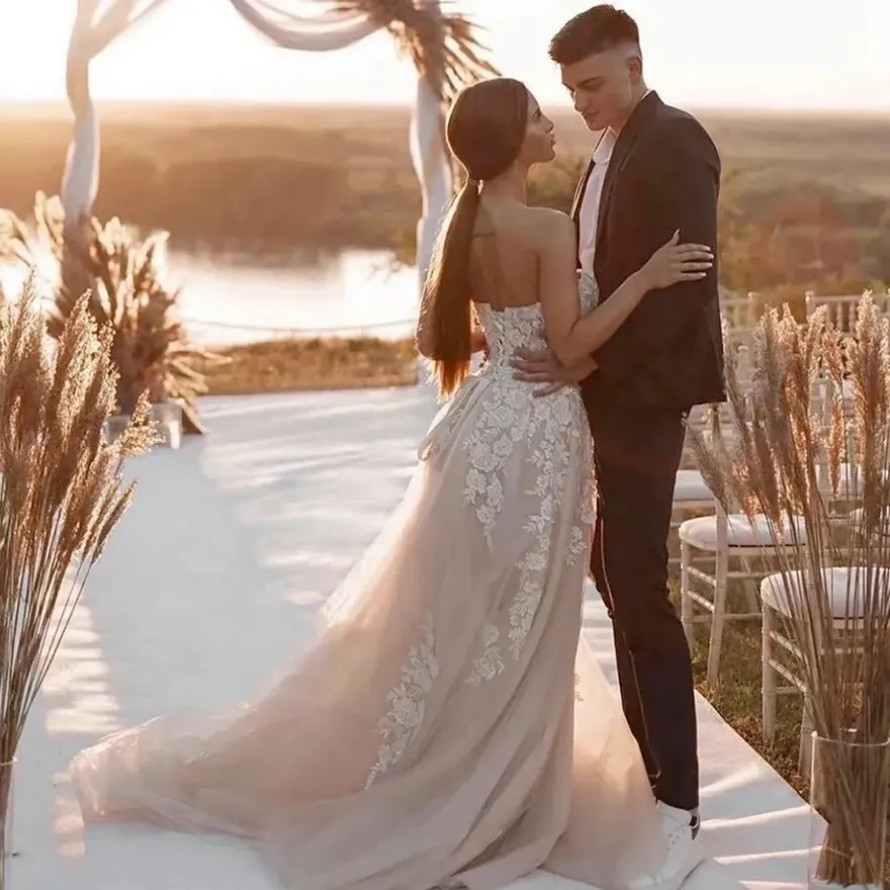 Beach Boho Wedding Dress for Bride Sweetheart Neckline Tiered Tulle Bridal Gowns Sexy High Split Beaded Lace for Marriage for African Arabic Black Wom