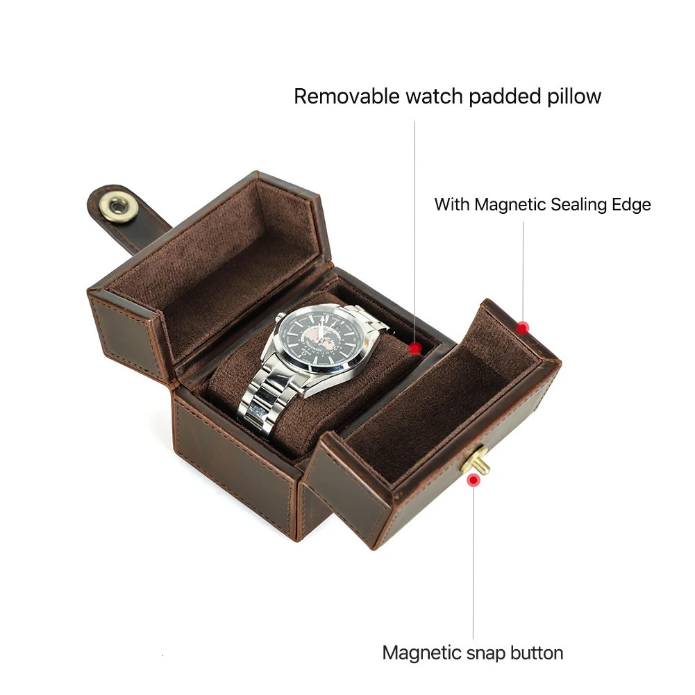 CONTACTS FAMILY Retro Cowhide Leather Single Slot Storage Case HandmadeTravel Portablel Watch Holder with Pillow 250819