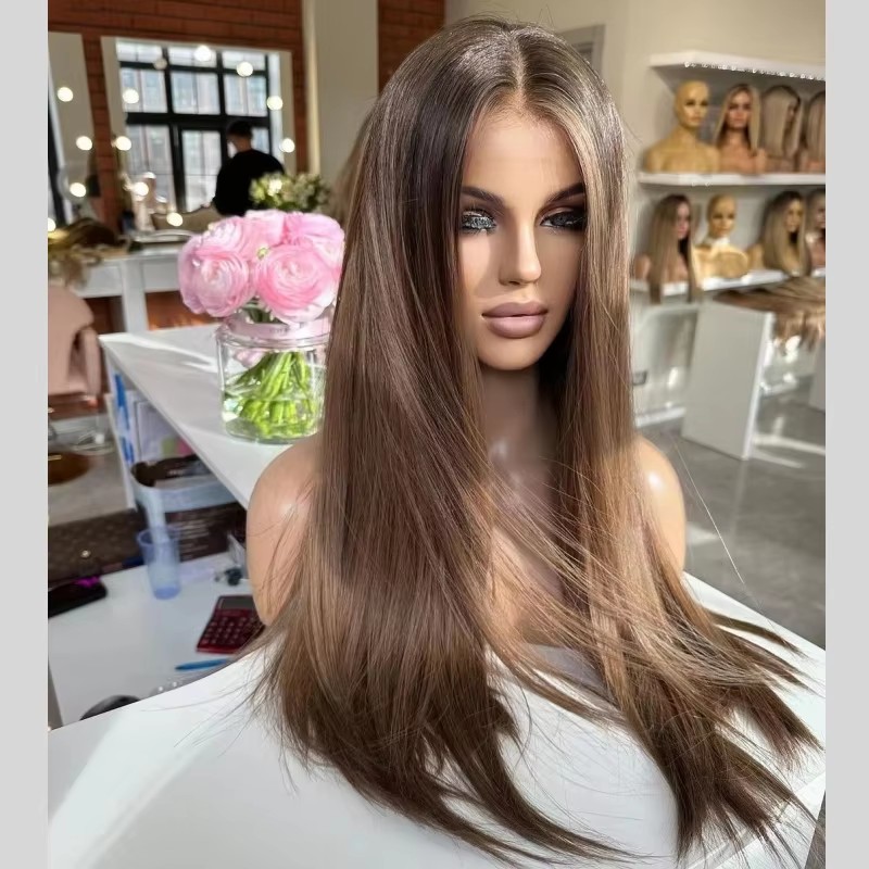 Hot Dark medium brown silk base human hair topper silky straight ombre balayage women real hairpiece 15x16cm
