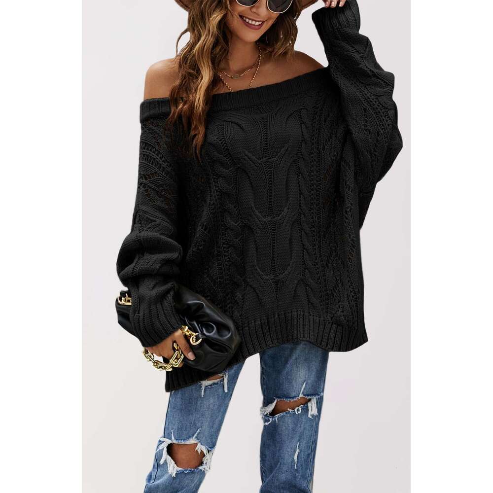 New Autumn And Winter Women's Off-Shoulder Loose One-Line Collar Solid Color Pullover Knitted Sweater B5