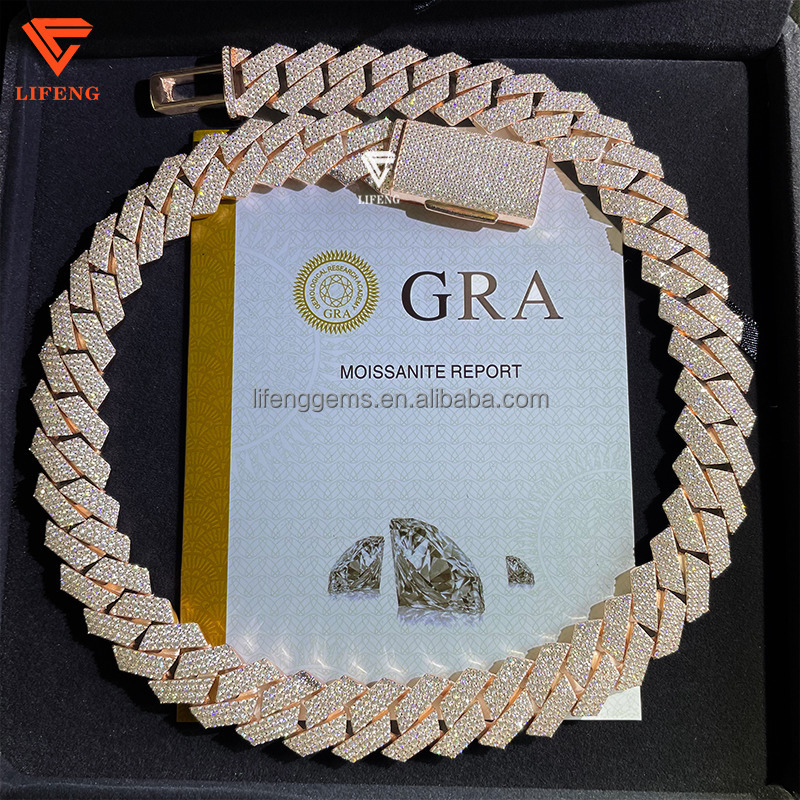 Custom 18mm Hip Hop Cuban Link Chain Necklace Rose Gold Plated Iced VVS Moissanite Diamond 925 Silver Gift for Men