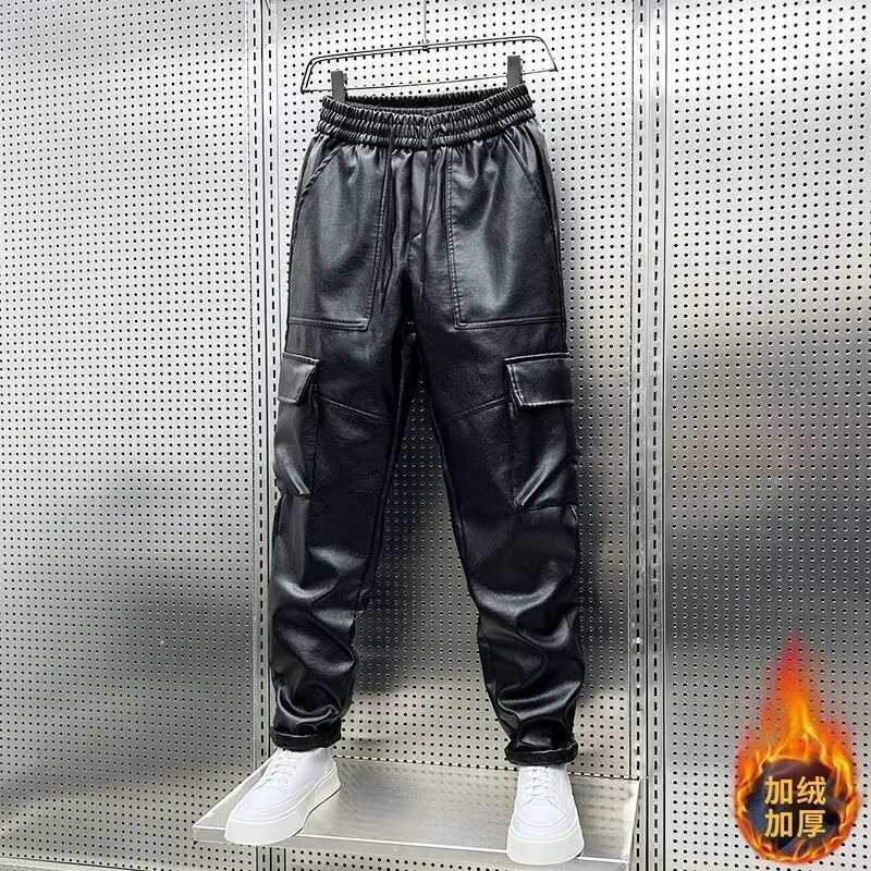 Mens Leather Motorcycle Cargo Pants Multi-Pockets Black PU Pants Men Elastic Waist Mopping Trousers Luxury Elastic Waist Pants W250819