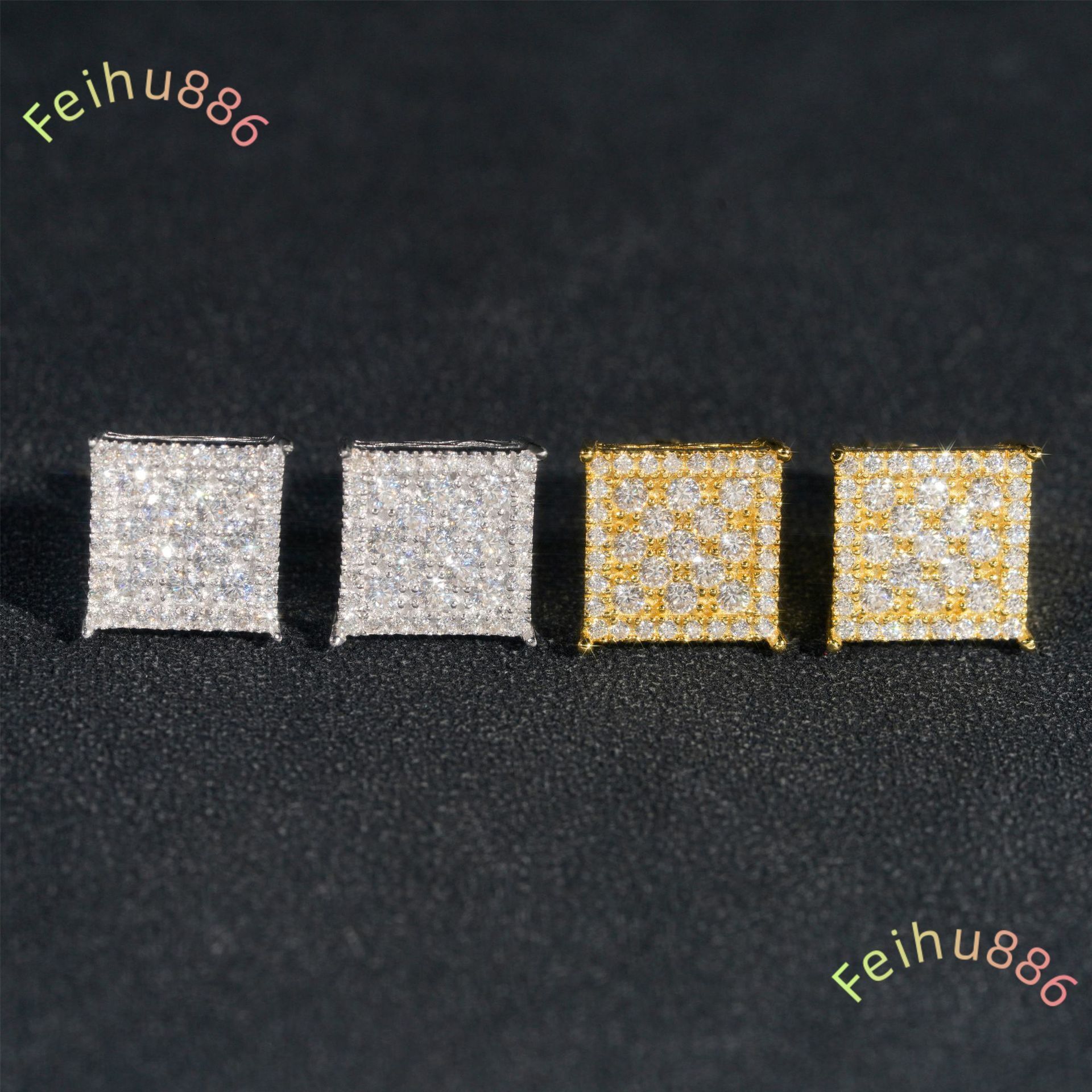 In stock Hip Hop Style 925 Sterling Silver Stud Earrings VVS Diamond Moissanite Gold Plated Iced Out with Luxury Gift Bag