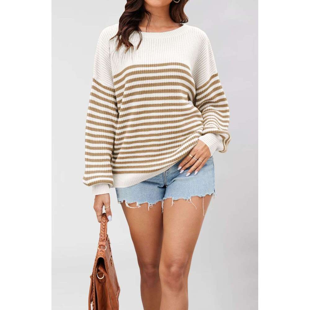 Autumn Winter New Women's Tiktok Casual Striped Color Block Knitted Round Neck Plus Size Sweater Top B5