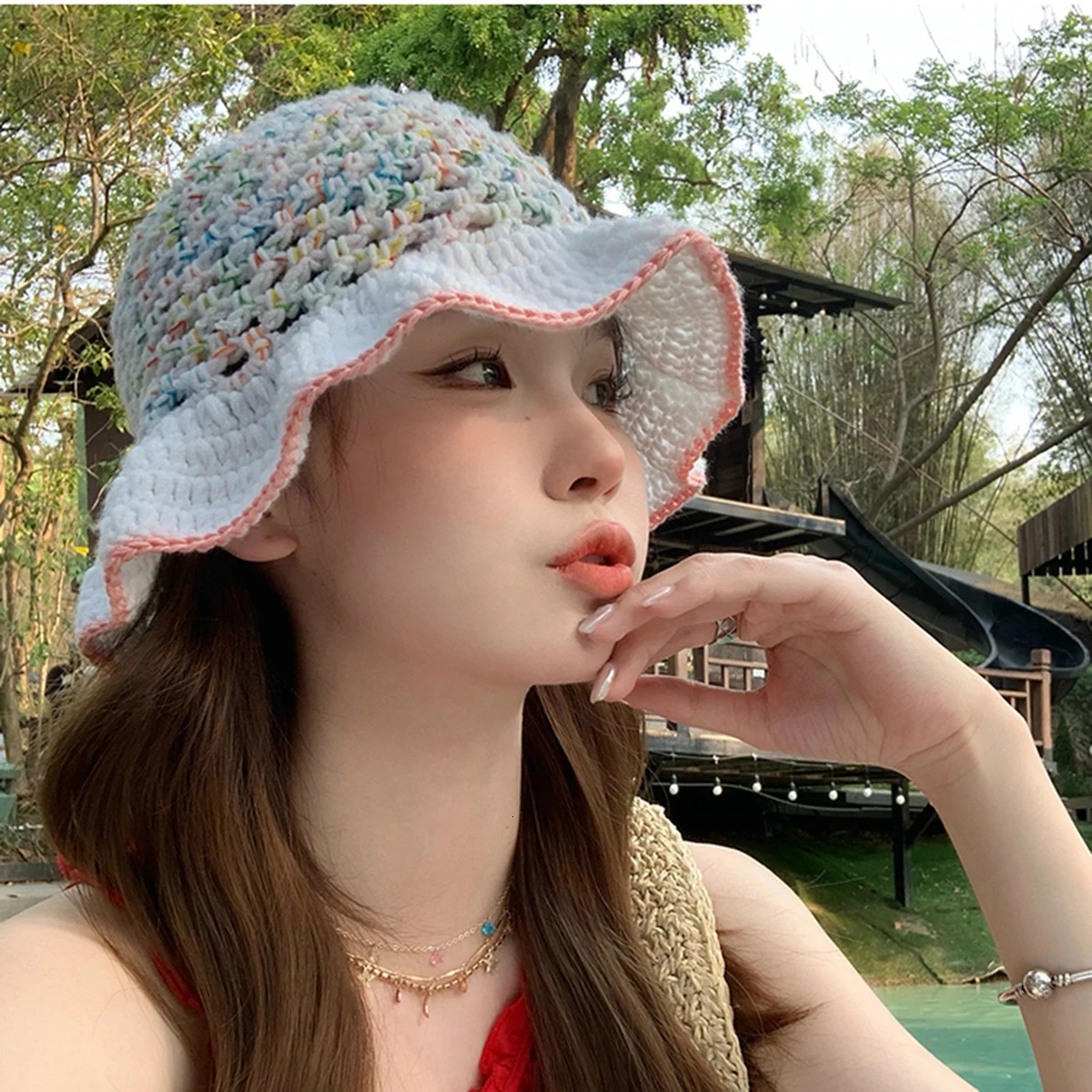 graceful lace Colorful Hook flower hat Hat Womens Autumn and Winter Cute Handmade Plush Hat Knitted Fisherman Bucket Hats 250819