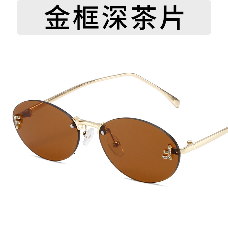 Oval Small Frame New Frameless Cut Edge Personality Glasses Unique F Letter Dot Diamond Sunglasses