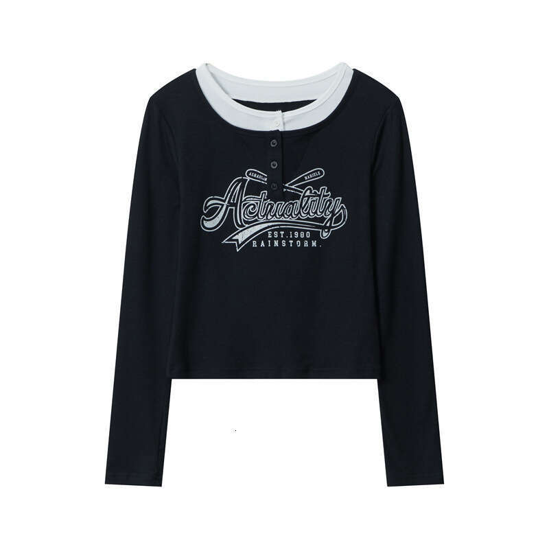 Spring Hot Girl Round Neck Fake Two-Piece Letter Design Short Slim Fit Long Sleeve T-Shirt Top B3