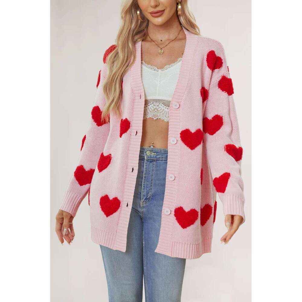 Autumn Winter New Temu Valentine's Day Heart Knitted Mid-Length Coat V-Neck Button Cardigan For Women B5