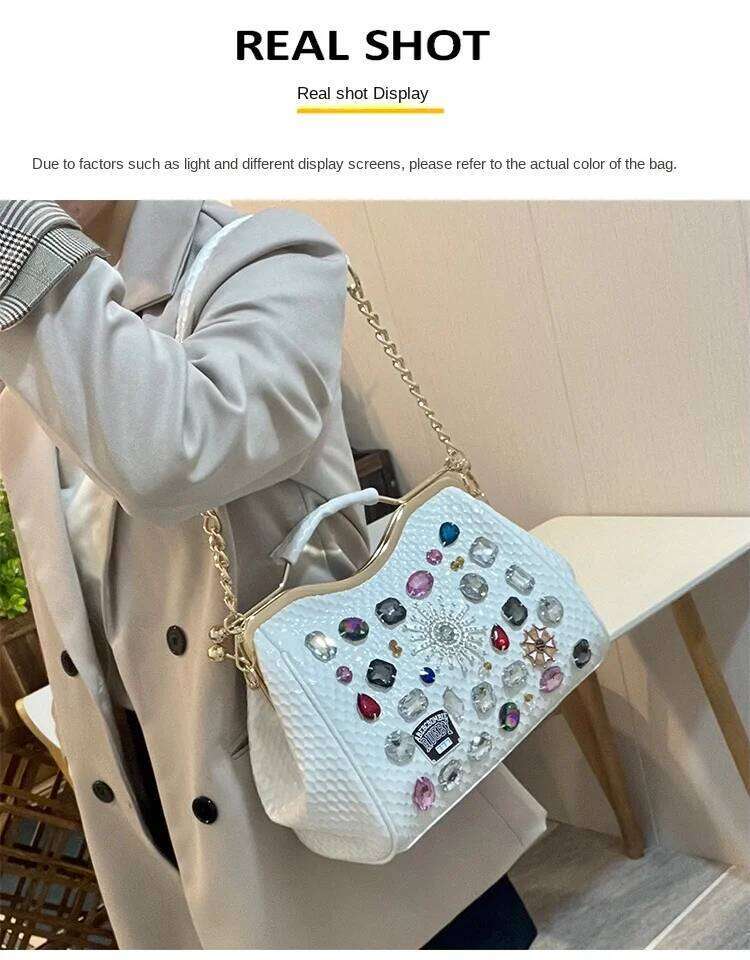 Genuine Leather Dias Women Handbags New Fashion Lady Tote Bag Colorful Crystals Chain Shoulder Messenger Bags