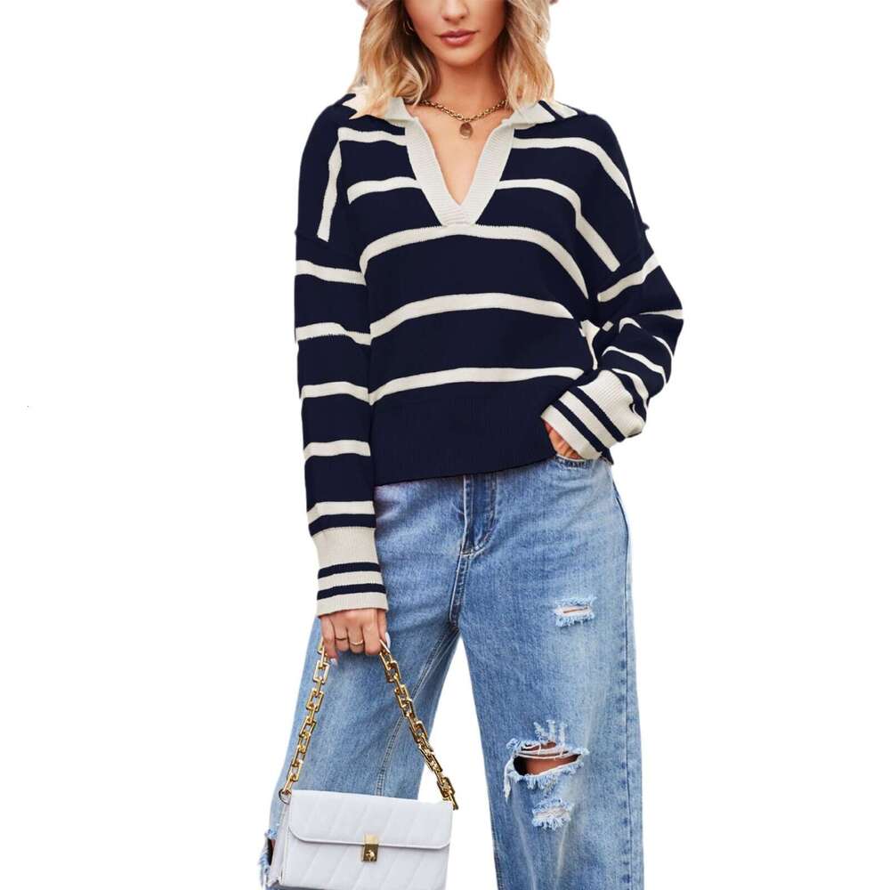 Autumn And Winter New V-Neck Striped Color-Block Loose Plus Size Women's Knit Sweater B5