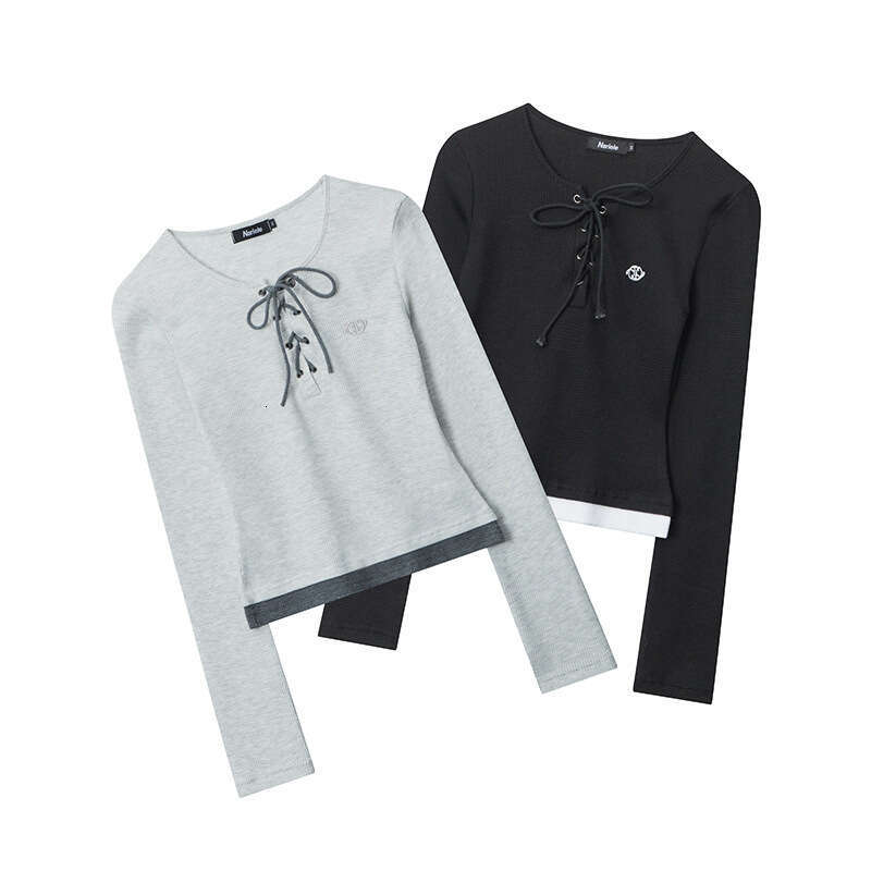 Spring And Autumn Waffle Design Slim Fit Color-Block Round Neck Tie-Up Hot Girl Long Sleeve Women's T-Shirt B3