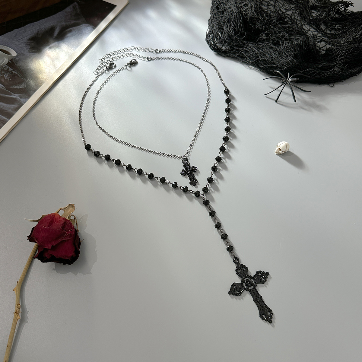Industrial Revival Choker Necklace Dual Metal Symbol Pendant with Cascading Fringe Accents