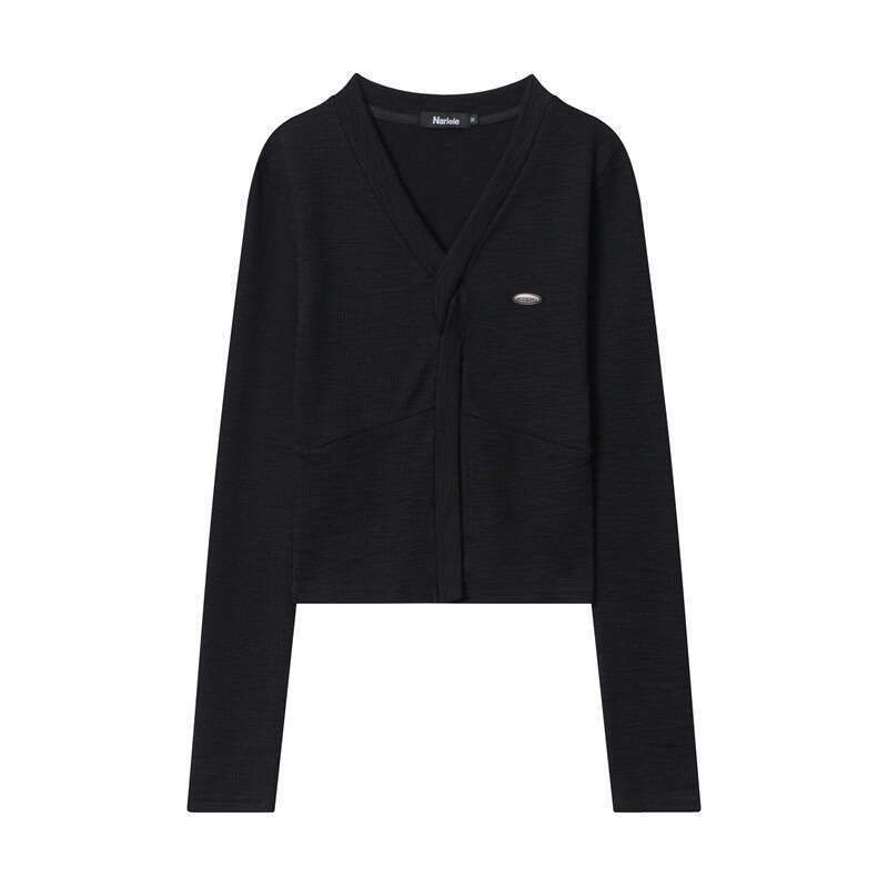 French Style High-End Vintage Small Iron Label Bamboo Cotton V-Neck Long Sleeve T-Shirt For Women With Unique Design And Solid Color B3