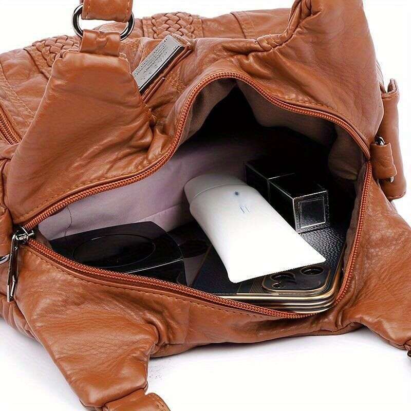 Women's PU Leather Handbag With Multiple Pockets, Designer Casual Shoulder Bag