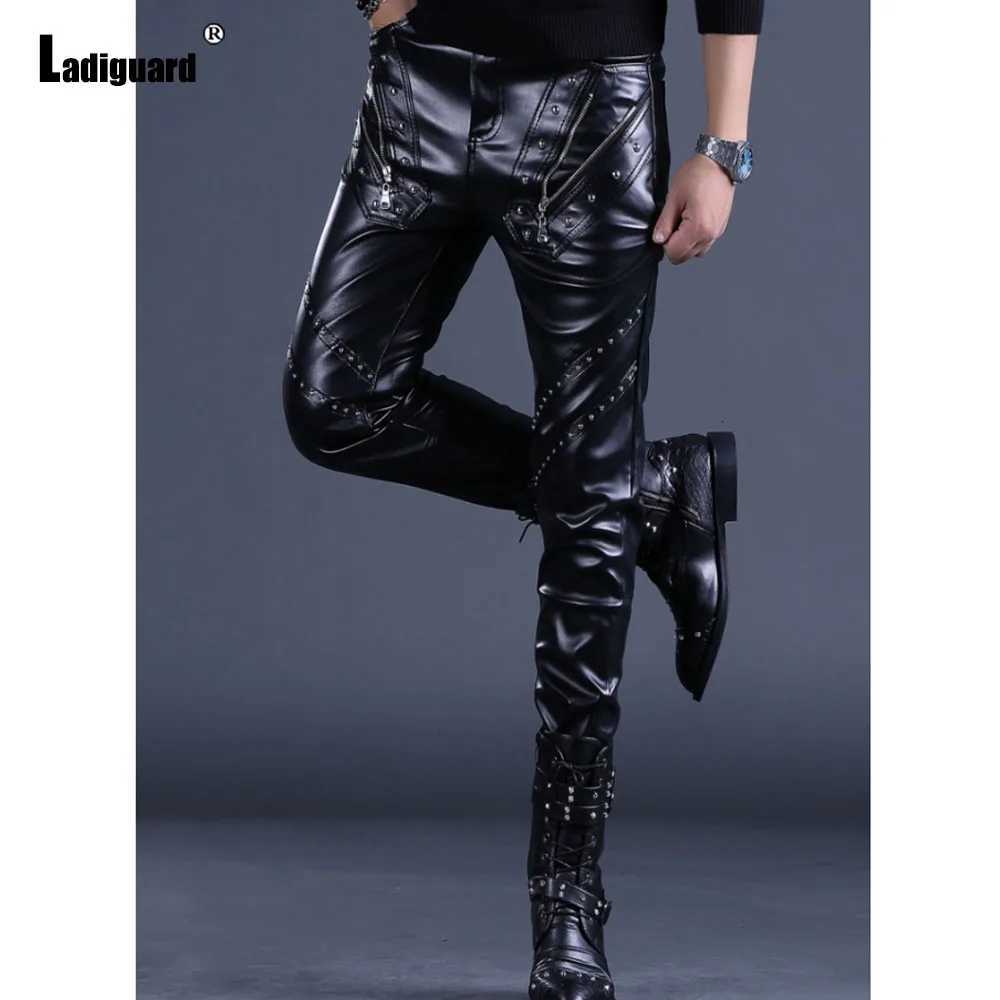 Men Fashion Rock Style PU Leather Pants Sexy Night Club Dance Pants Mens Rivets Zipper Faux Leather Slim Motorcycle Trousers New W250819