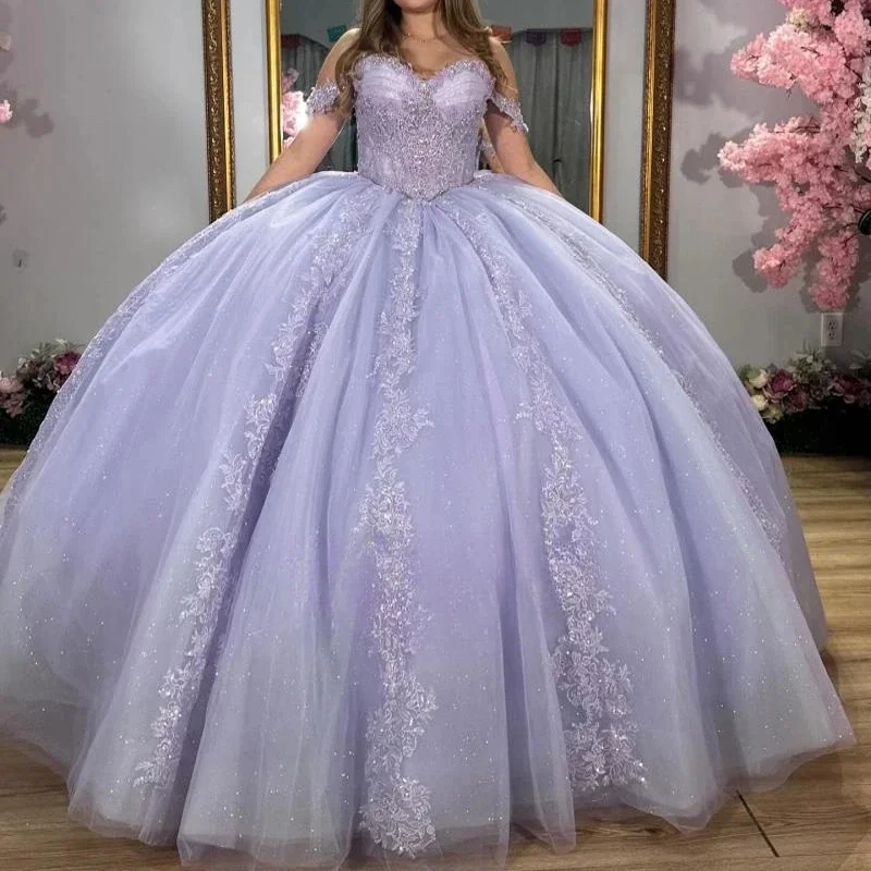 Light Lavender Shiny Off The Shoulder Ball Gown Quinceanera Dresses Applique Lace Beads Tull Party Birthday Vestidos De 15 Anos Sweet 16 Dress
