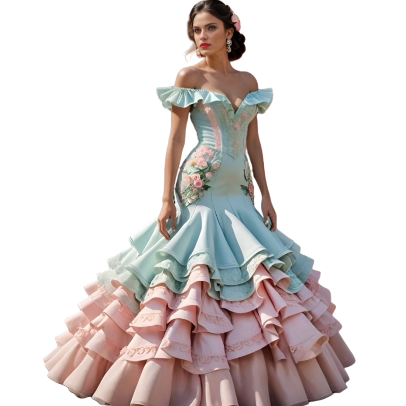 Modern Flamenco Prom Dresses Ruffles Tiered Off Shoulder Long Mint Green With Blush Pink Satin Mermaid Birthday Party Gown Formal Evening Wear