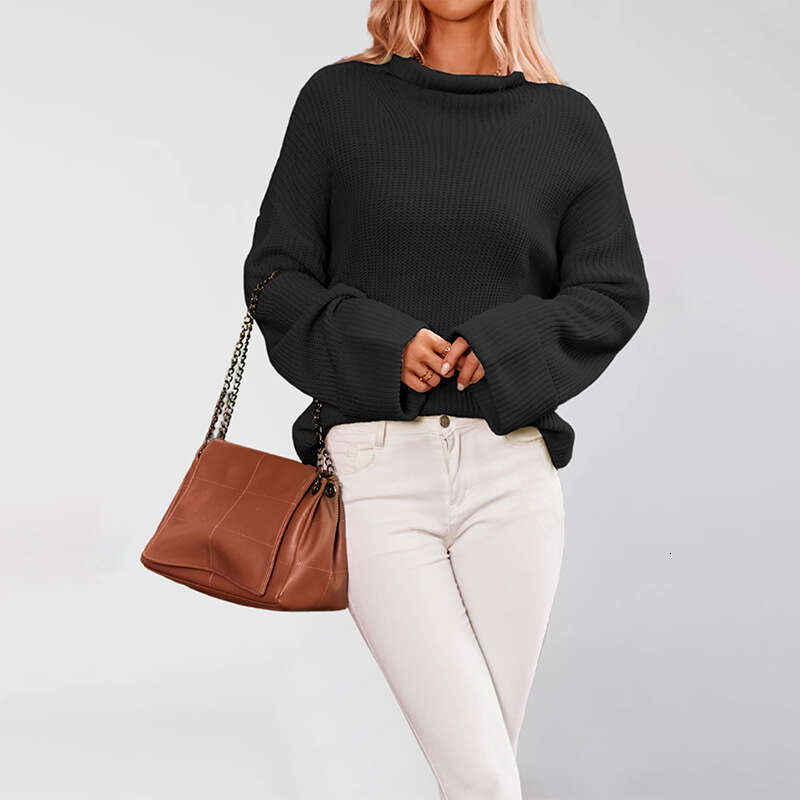 New Women's Autumn Winter Solid Color Flared Sleeve Pullover Crew Neck Sweater Knit B5