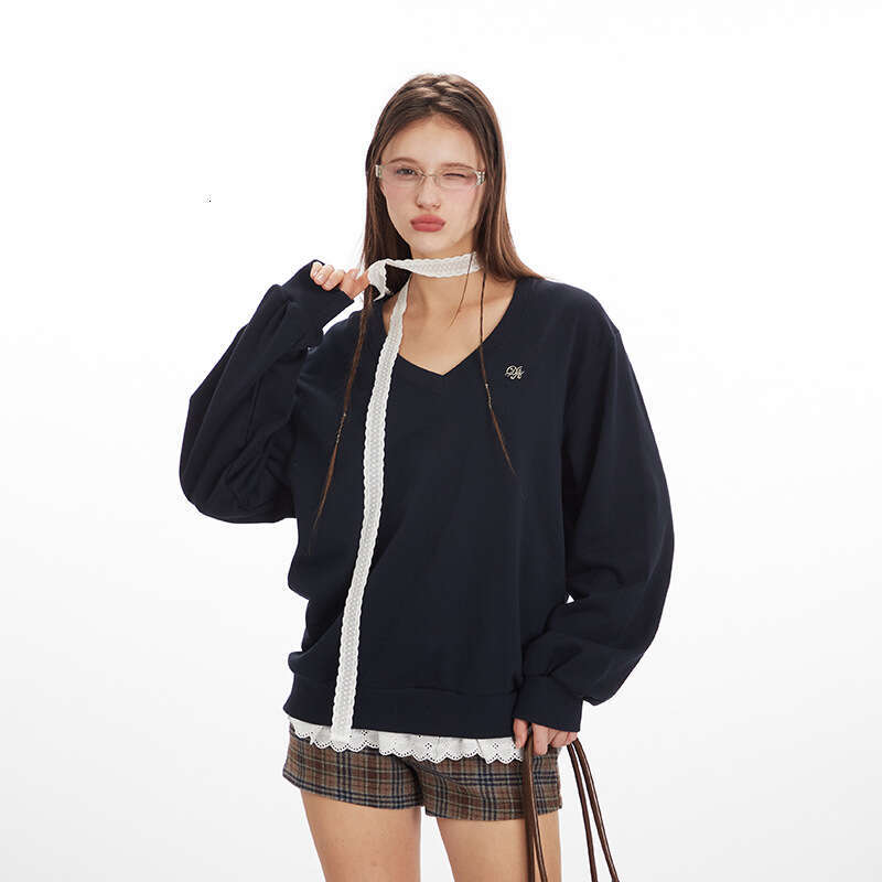 Fake Two-Piece Lace Patchwork Neck Scarf Design Top Women V-Neck Loose Sweatshirt Hot Girl Style B5