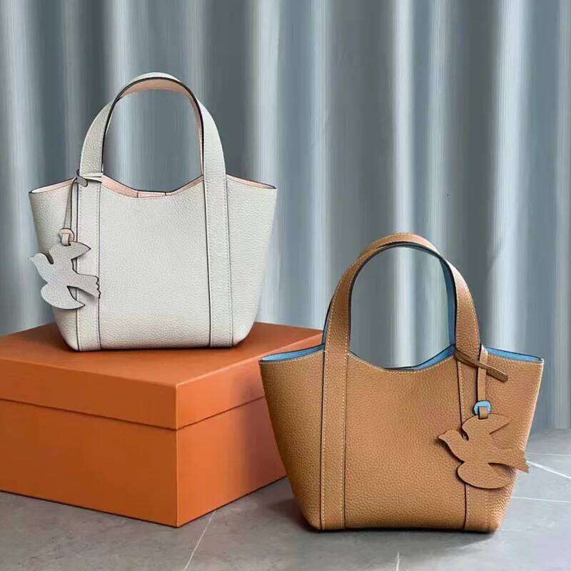 Double Sided Vegetable Basket Fashion Lychee Pattern Genuine Leather Handbags For Women Large Capacity Bucket Bag