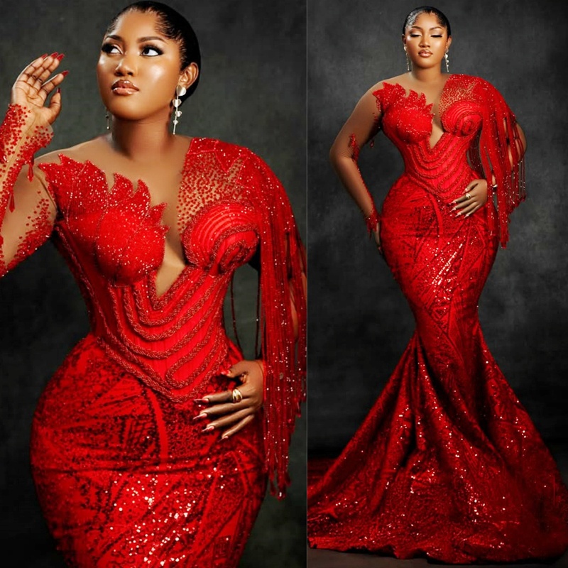 Plus Size Red Mermaid Prom Dress 2025 Evening Dresses Robe De Sorrie Sheer Neck Illusion Beaded Lace Tassel Birthday Dress Second Reception Gowns AM26