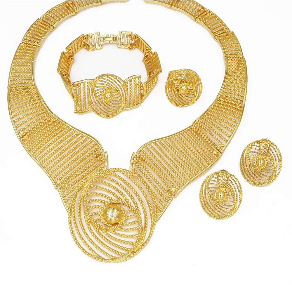 Africal Gold Color Big Jewelry Set Hollow Out Necklace Bracelet Earring Ring For Women Bridal Wedding Jewellery Gift 250818