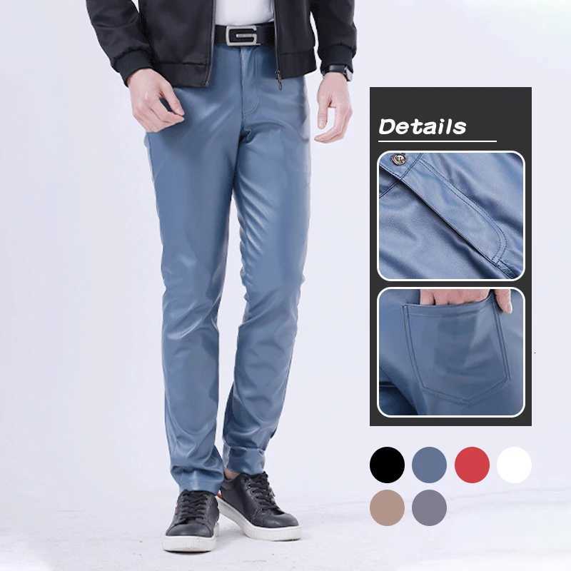 Men Leather Pants Skinny Fit Elastic Fashion PU Leather Trousers Motorcycle Pants Wet Look Stretch Faux Leather Streetwear W250819