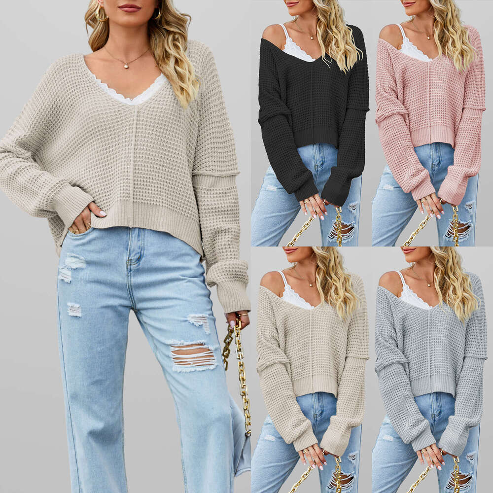 New Off-Shoulder Autumn Winter Women's V-Neck Solid Color Loose Knit Sweater B5
