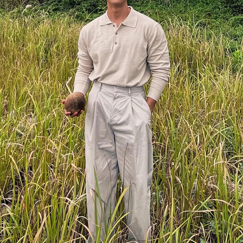 2025 Spring Autumn Fashion Mens Polo Shirts Knitted Long Sleeve Button-up Polo Neck Tops Vintage Solid Color Mens Pullover Tops 250818