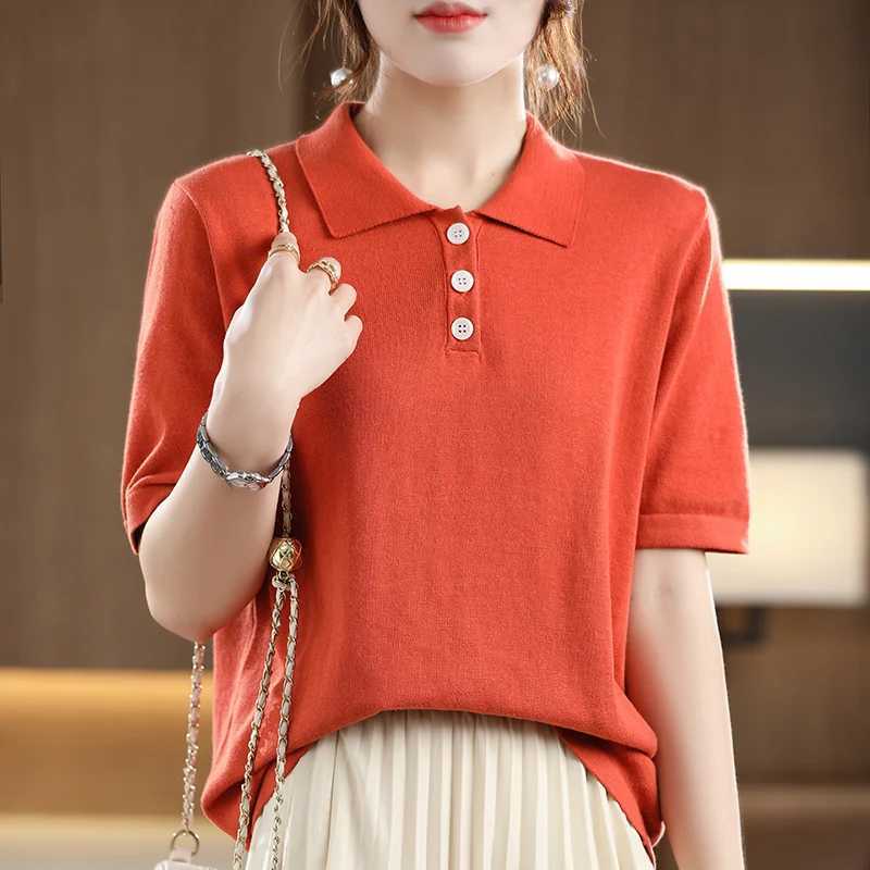 100% Cotton Summer Womens T-shirt Sweater Short Sleeve Casual Knitted Collar Womens Top Loose Pullover Button T-shirt XJ250819