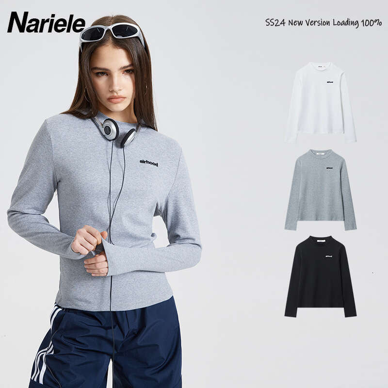 Versatile Harajuku Style Long Sleeve T-Shirt For Women Round Neck Spring And Autumn Embroidered Solid Color Base Shirt Top B3