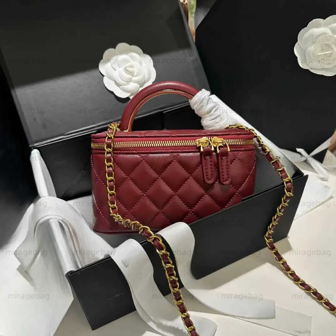 With mirror Women designer makeup bag High Quality Sheepskin Lattice Handle Vanity Box Tote Bags Crossbody Shoulder Cosmetic Case handbag