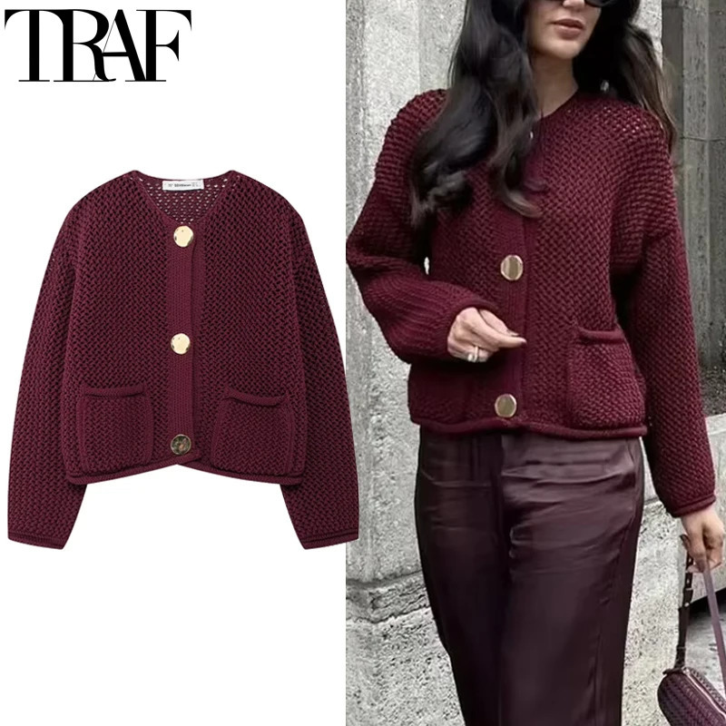 TRAF Knitted Sweater Cardigan For Women Autumn Long Sleeve Cropped Cardigans Ladies Outerwears Winter Button Knit 250819