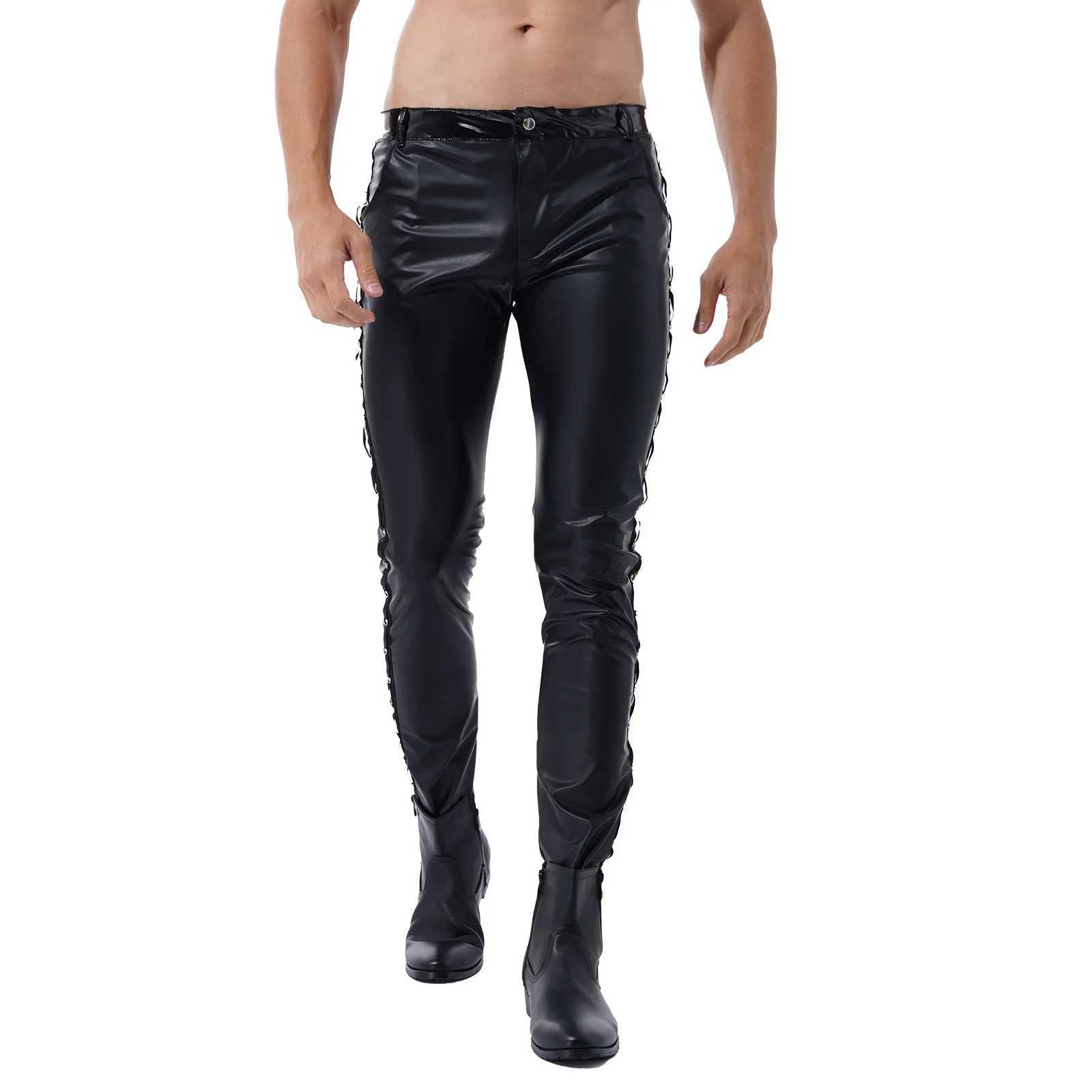Men Leather Pants Skinny Fit Elastic Style Fashion PU Leather Trousers Motorcycle Pants for Party Stage Performance Night Club W250819