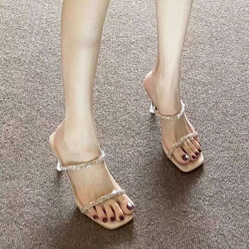 Stiletto Transparent One-Strap Heel Half Mules Women's Sandals 2025 Summer Designer Shoe Shoes New Rhinestone High Heels Fairy Style Slippers