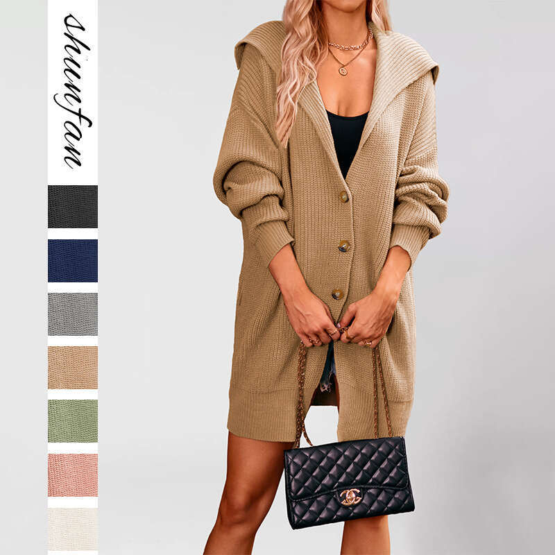 New Autumn Winter Women's Solid Color Turn-Down Collar Pocket Cardigan Three-Button Mid-Length Sweater Coat B5