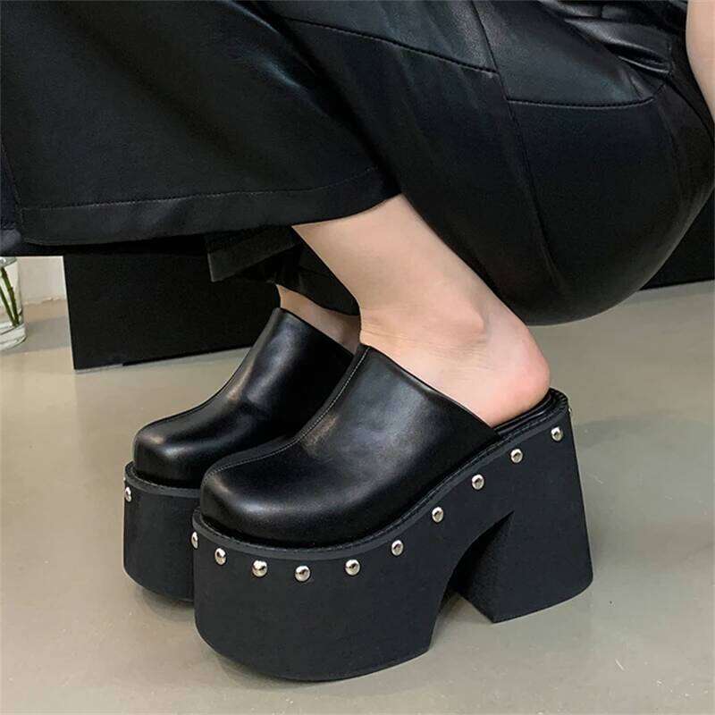 Eilyken Fashion Design Rivets Solid Platform Slippers Women Thick Bottom High Heels Shoes Summer Party Dress Zapatos Mujer