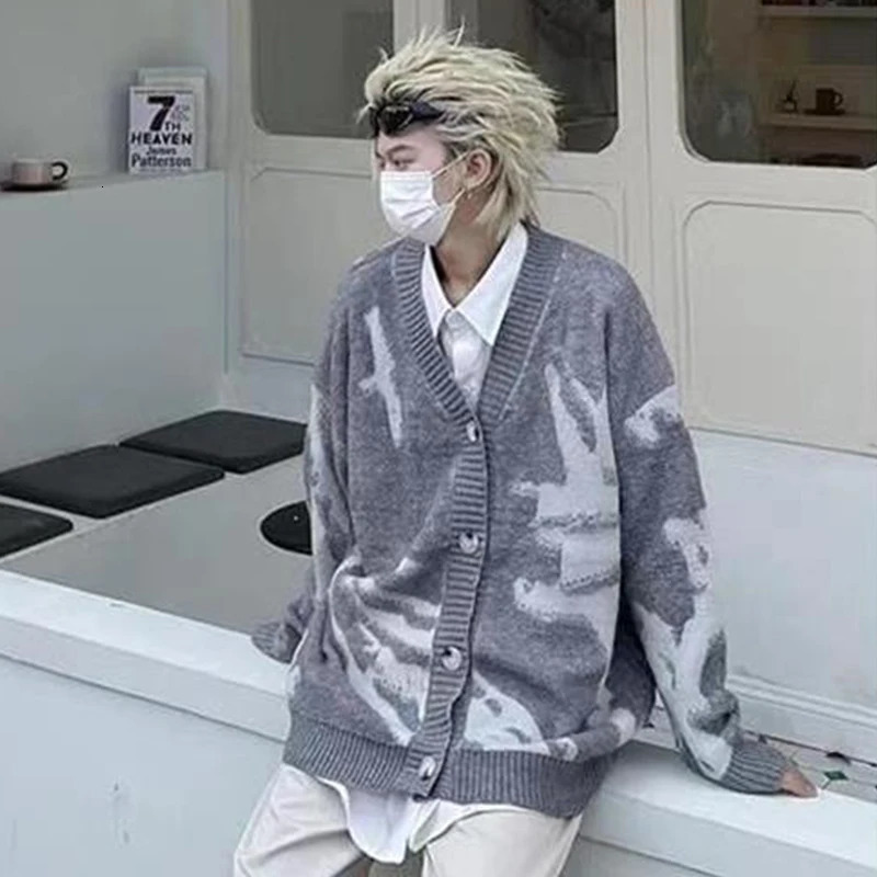 American Oversized Sweater Vintage Flocking Cardigan Knit Mens Clothing Loose Winter Cardigans Y2k HipHop Streetwear 250819