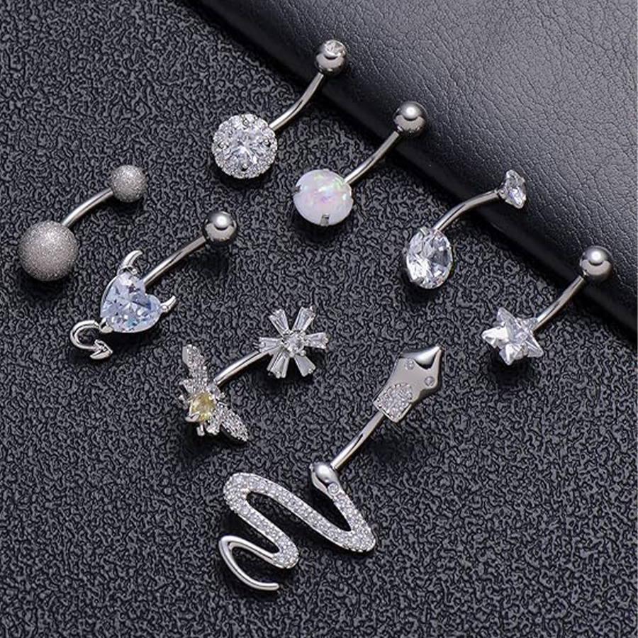 8PCS Tiny Heart Butterfly Evil Eye Devil Snake Skull CZ with Stainless Steel Belly Button Rings Navel Rings for Women Barbell Eyebrow Body Piercing Je