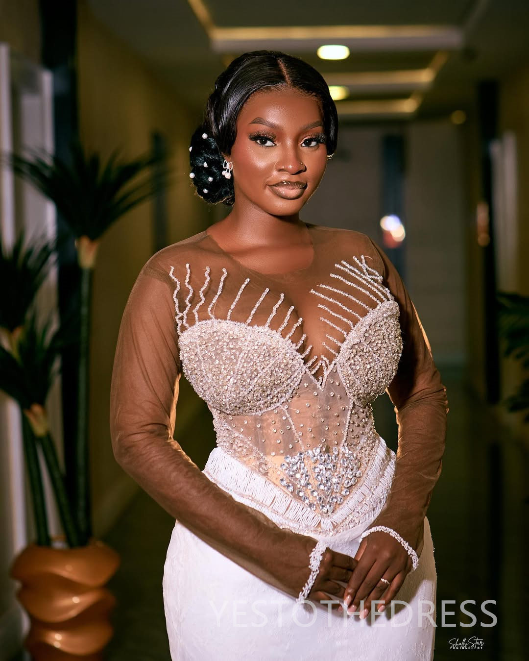 Plus Size Aso Ebi African Wedding Dress Bridal Gown For Bride Mermaid Wedding Gowns Sheer Neck Long Sleeves Beaded Lace 280Rhinestones Bridal Dress D6