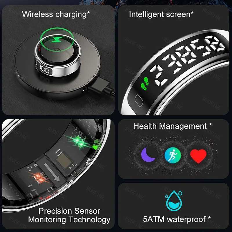 11 Oxygen Saturation LED Display Smart Ring Electronic Fitness Monitor Praise Ring for Men Women Stainless Steel New in Rings W250819