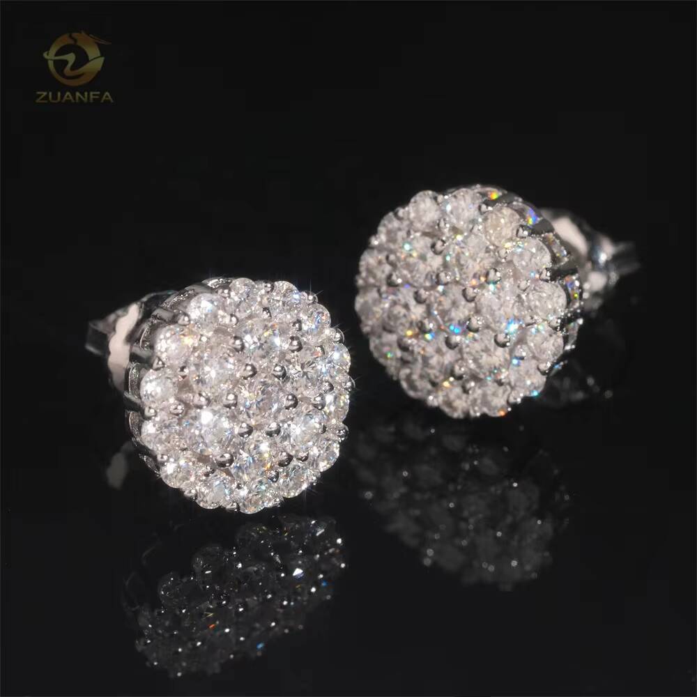 New Arrival Hip Hop Cluster Diamond Round Shape Screw Back 925 Silver Moissanite Sstud Earring