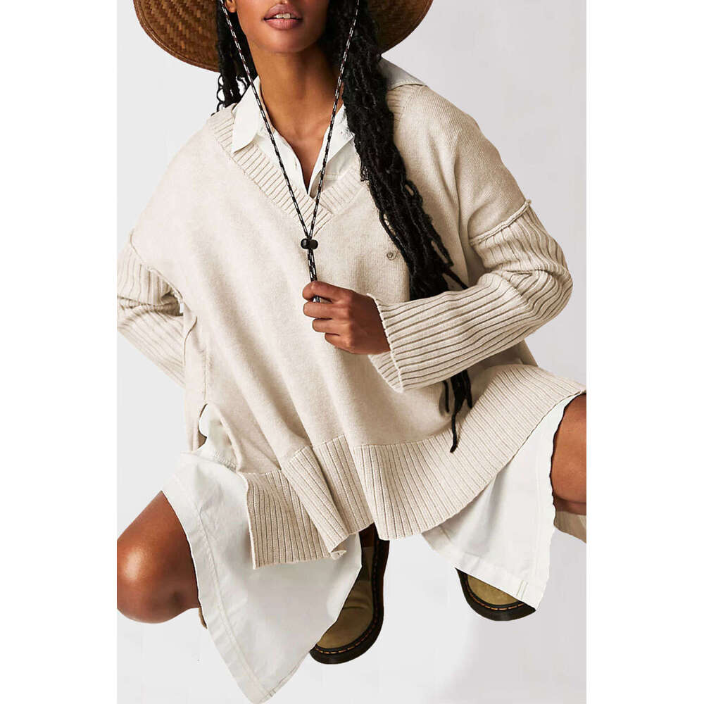 Autumn Winter Temu V-Neck Irregular Patchwork Pullover Loose Women's Sweater B5