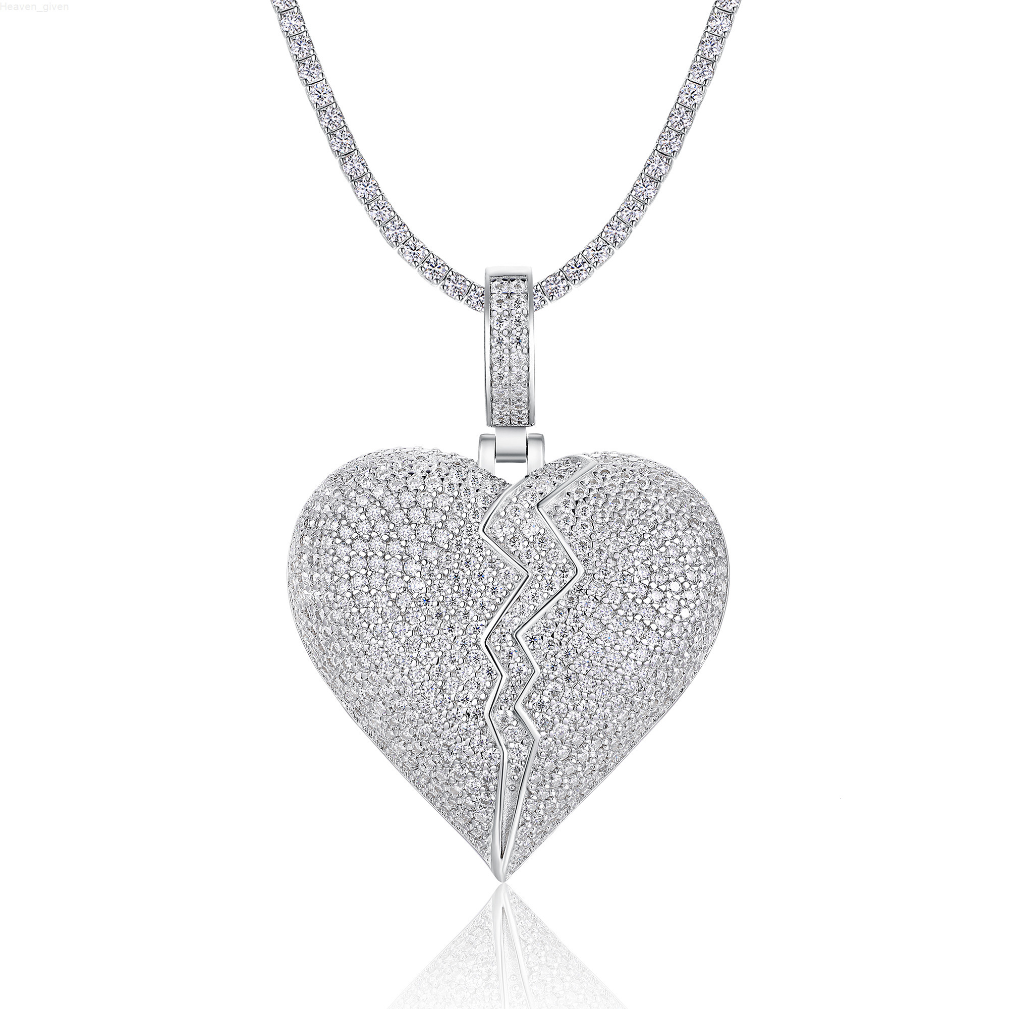 Heart Shaped Moissanite Pendant Necklace 925 Sterling Silver Full Moissanite Pave Design Broken Heart Style 18K Gold Plated
