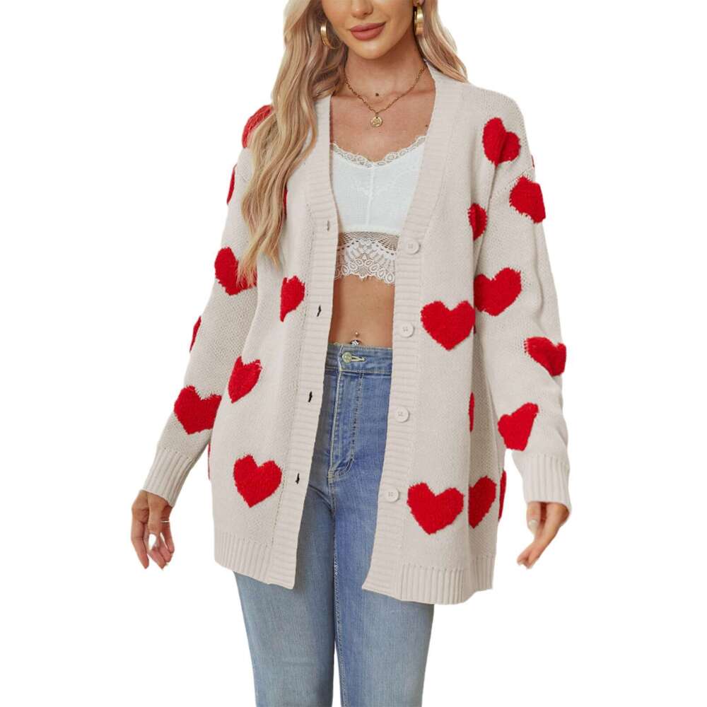 Autumn Winter New Temu Valentine's Day Heart Knitted Mid-Length Coat V-Neck Button Cardigan For Women B5