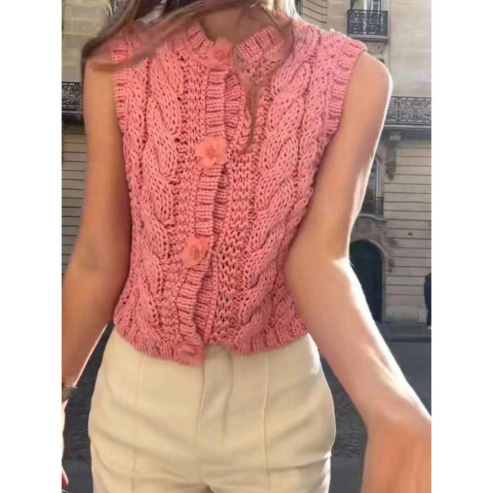 hoodie Fashion Knitted Flower Button Vest Women Versatile Casual Sleeveless Solid O-Neck Sweaters Female Spring Chic Street Knitwear jacket