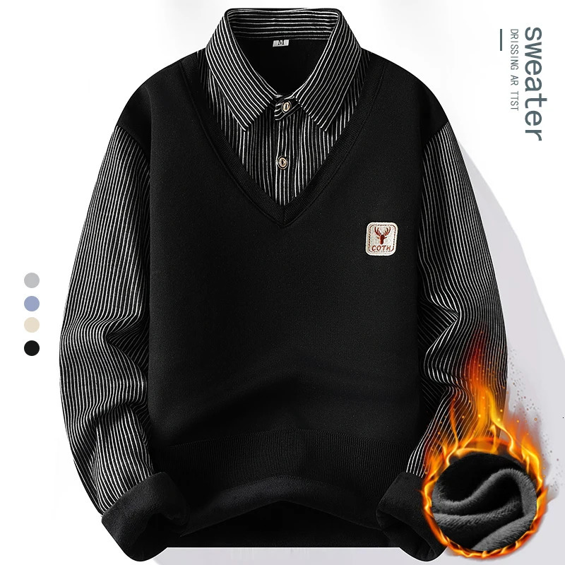 Male Fleece Polo Shirt Mens Pullover Autumn Winter Tshirt Collar Sweaters Cold Blouse Navy Blue Khaki Korean Clothing 250819