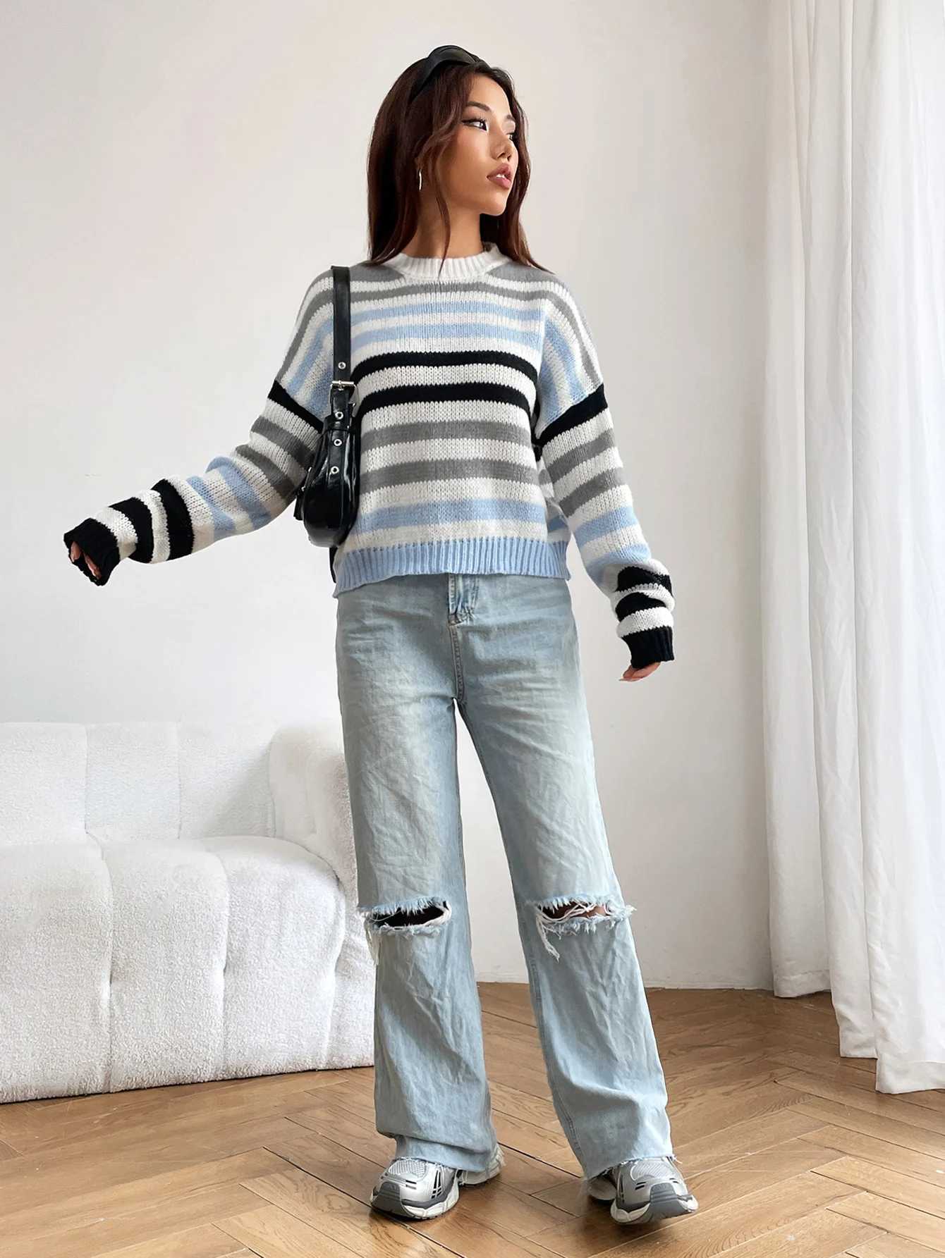 European and American fashion stripes matching color pullover autumn and winter womens sweater knitwear XJ250819